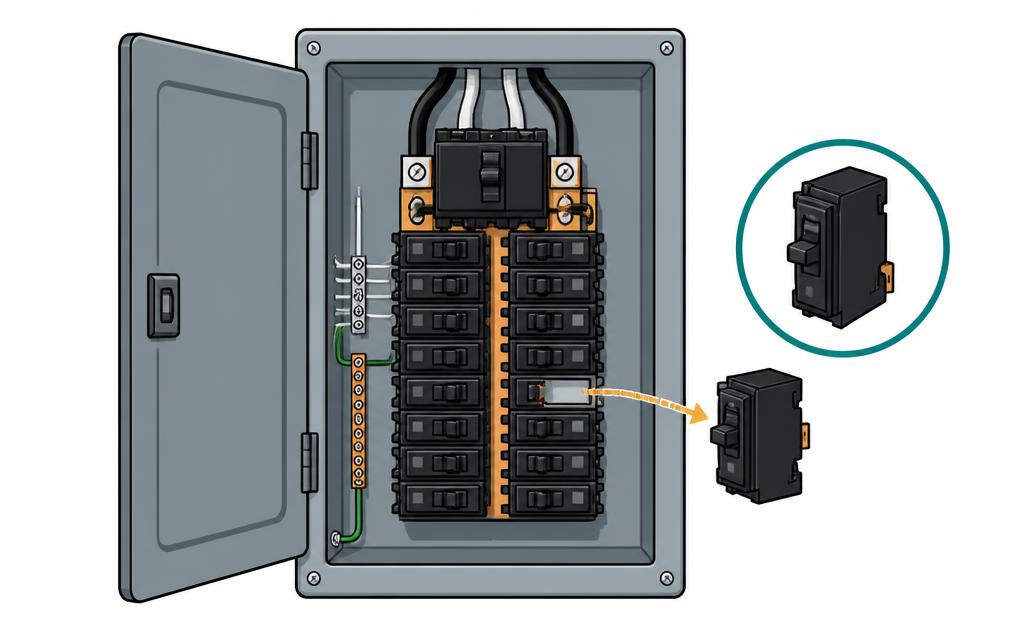 Open residential breaker panel with one breaker being removed