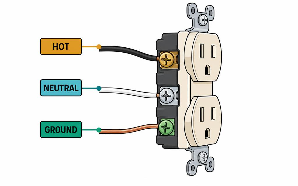 Diagram labeling hot on the brass screw, neutral on the silver screw, and ground on the green screw