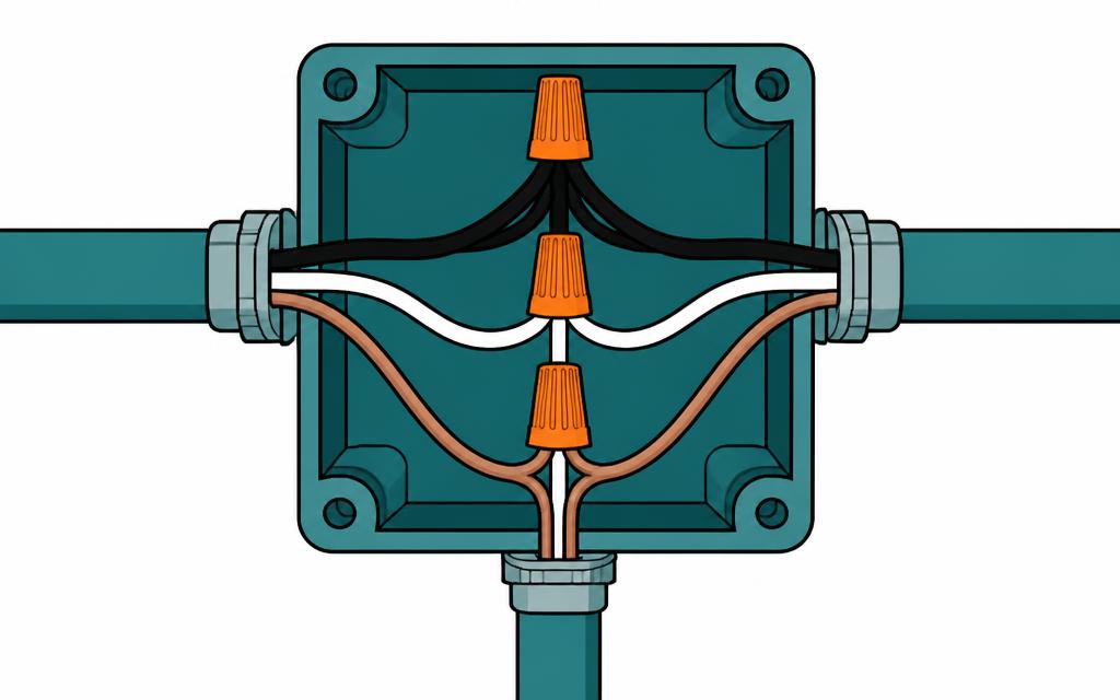 Wires joined with wire nuts showing black, white, and interconnect conductors