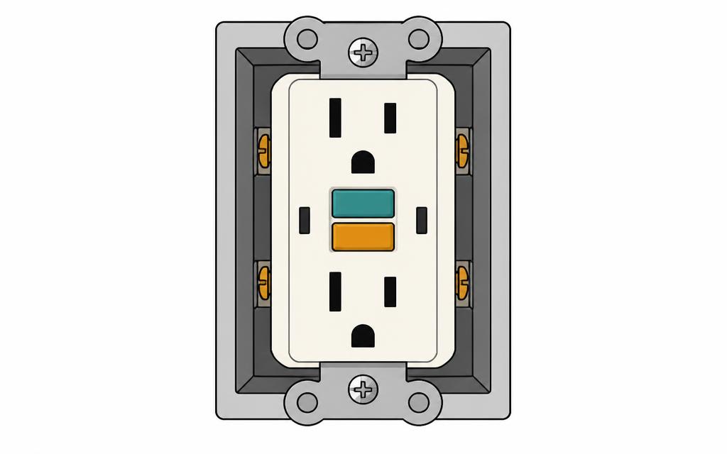 GFCI outlet with TEST and RESET buttons installed in a wall box