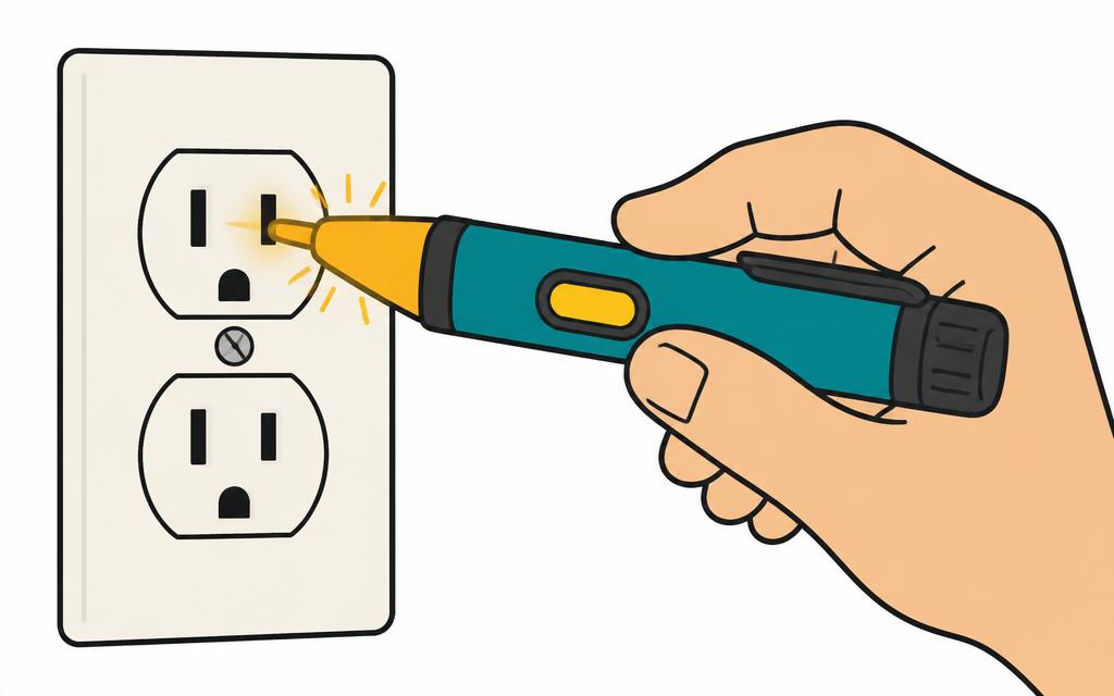 Non-contact voltage tester held against an outlet slot to check for power