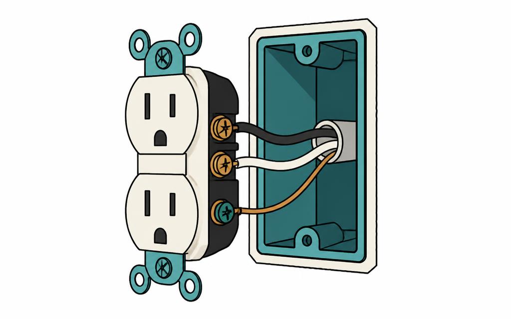 Standard duplex receptacle pulled out of a wall box with wires attached
