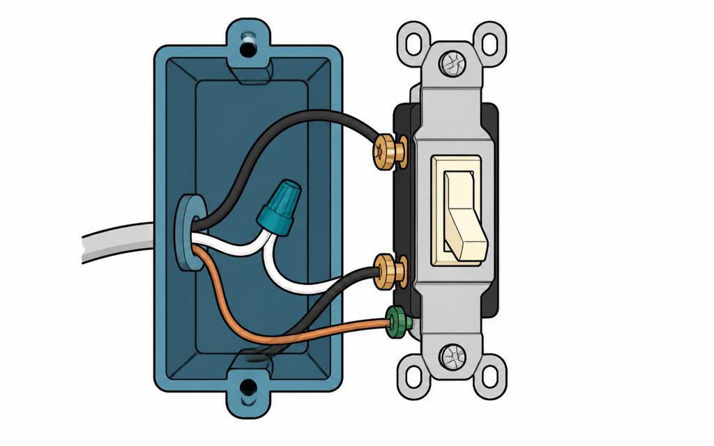 Light switch with the cover plate removed showing screw terminals and wires