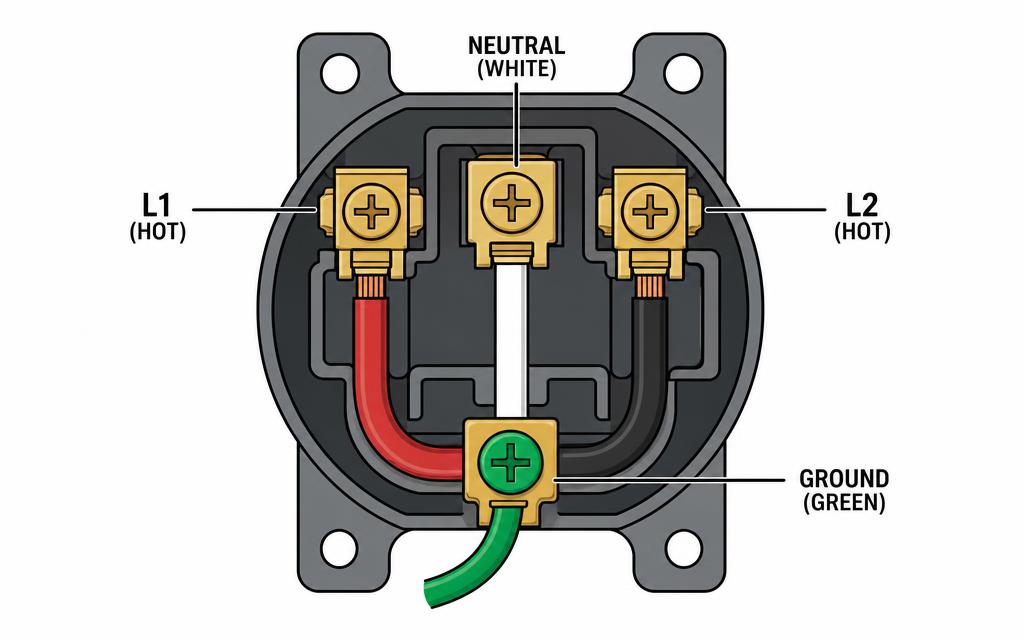 Diagram of a 240 volt receptacle terminal block with L1 and L2 hots, neutral, and ground