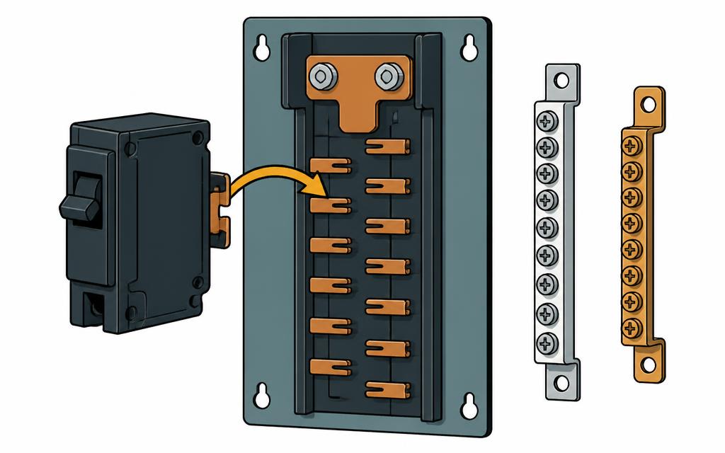 Diagram of a circuit breaker clipping onto a panel bus bar stab beside the neutral and ground bars