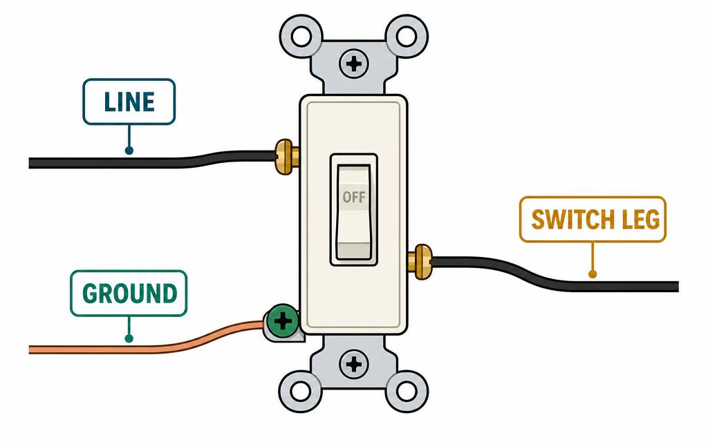 Diagram of a single-pole switch showing line, switch leg, and ground terminals