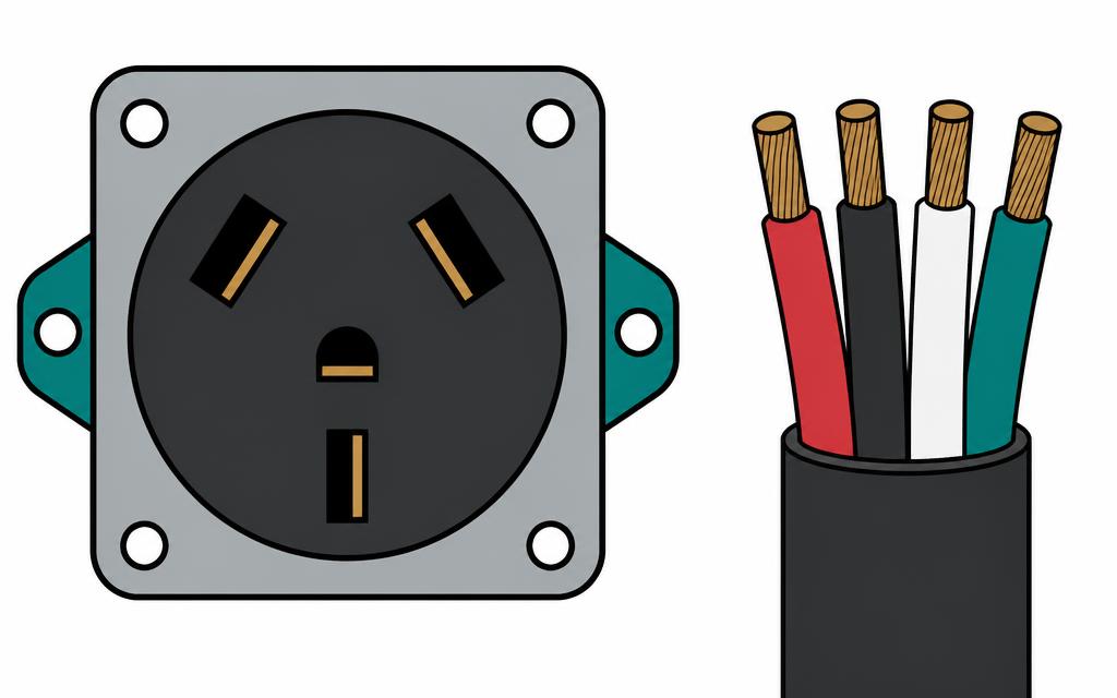 240 volt four-slot dryer and range receptacle next to a heavy cable