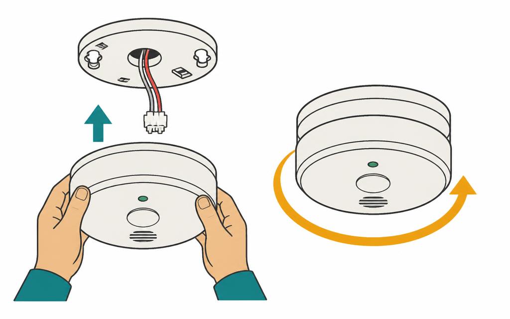 Smoke and carbon monoxide detector being twisted onto its ceiling mounting plate
