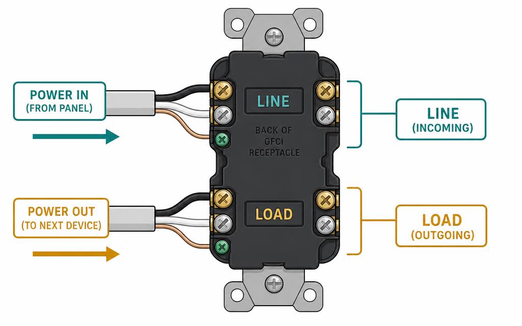 Diagram of a GFCI receptacle showing LINE terminals for incoming power and LOAD terminals for downstream outlets