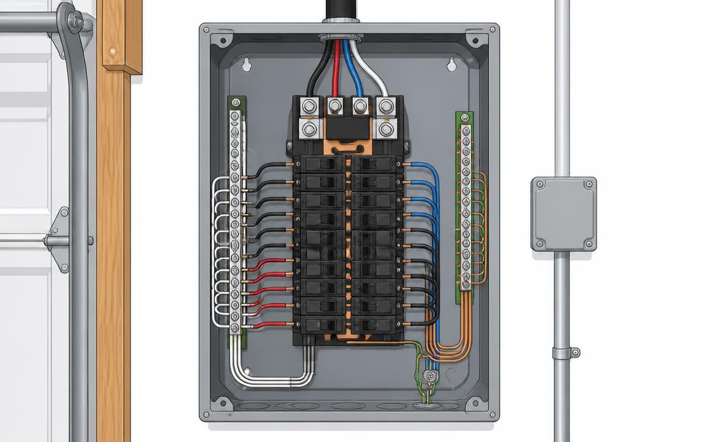Open subpanel mounted on a wall showing branch breakers, an isolated neutral bar, and a separate ground bar