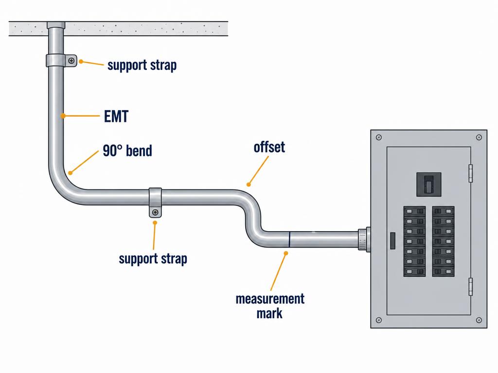 EMT conduit with 90-degree bend, offset bend, and support straps