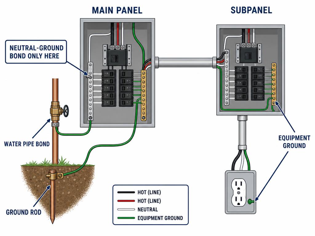 Grounding and bonding diagram showing main panel, subpanel, ground rod, and water pipe bond