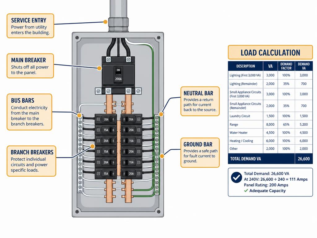 Residential main service panel with service entry and load calculation table