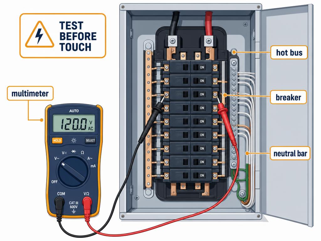 Multimeter testing a circuit breaker in an open panel