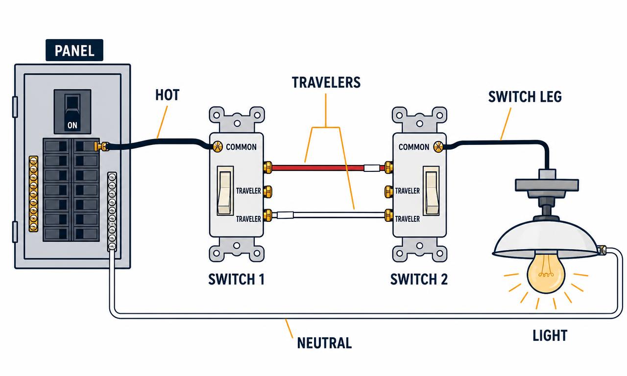 Full 3-way circuit diagram showing panel hot to switch 1 common, travelers between switches, switch leg from switch 2 to the light, and neutral to the light