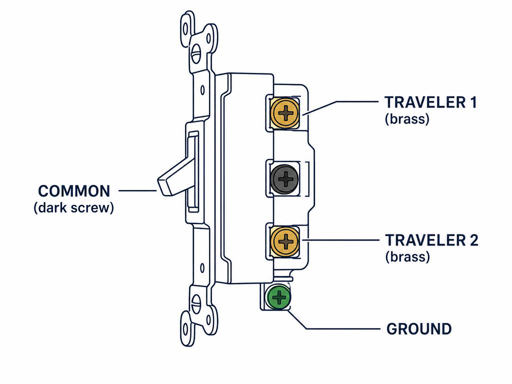Diagram of a 3-way switch showing the dark common terminal, two brass traveler terminals, and the green ground screw