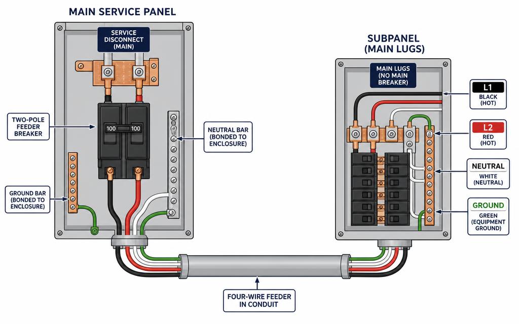 Main service panel feeding a subpanel through a four-wire feeder in conduit
