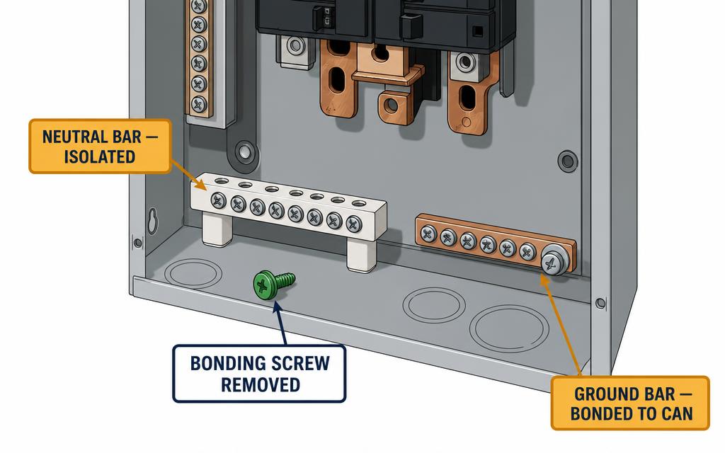 Close-up of a subpanel showing the isolated neutral bar with its bonding screw removed beside a bonded ground bar